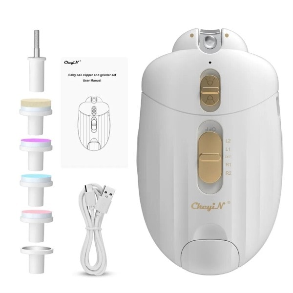 2 i 1 Elektrisk Nagelklippare för Barn Lågbuller Baby Nageltrimmer med LED Speed Justerbar Polering Verktyg Manikyr Set