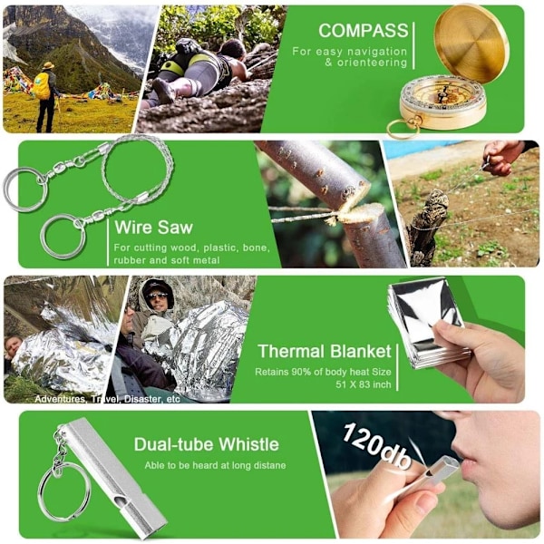 Survival kit set militär utomhus resor mini camping verktyg hjälp kit nödsituation  överleva armband vissla filt kniv