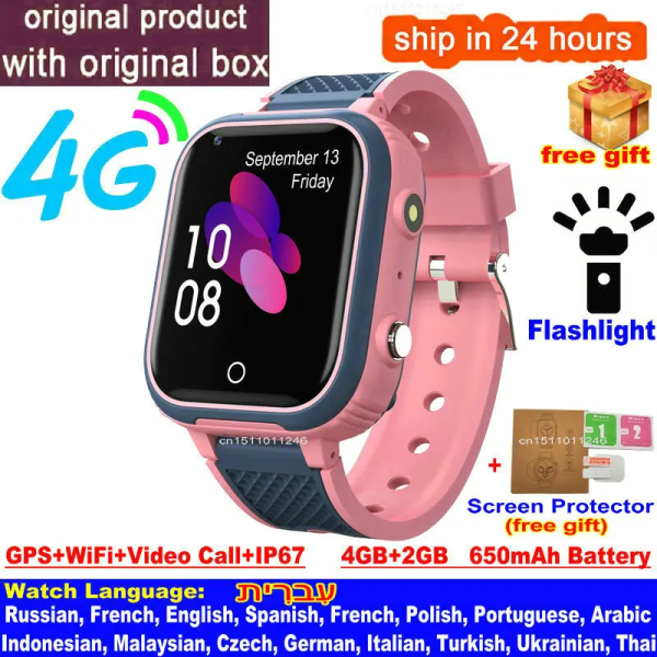 4G Smart Watch Barn GPS WIFI Video Call SOS IP67 Vanntett Barne Smartwatch Kamera Monitor Tracker Location Phone Watch