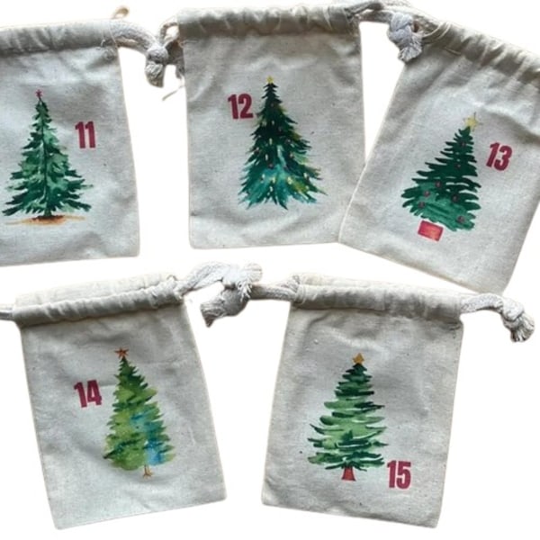 Stoff jul advent kalender snøre poser gjenbrukbare akvarell juletrær
