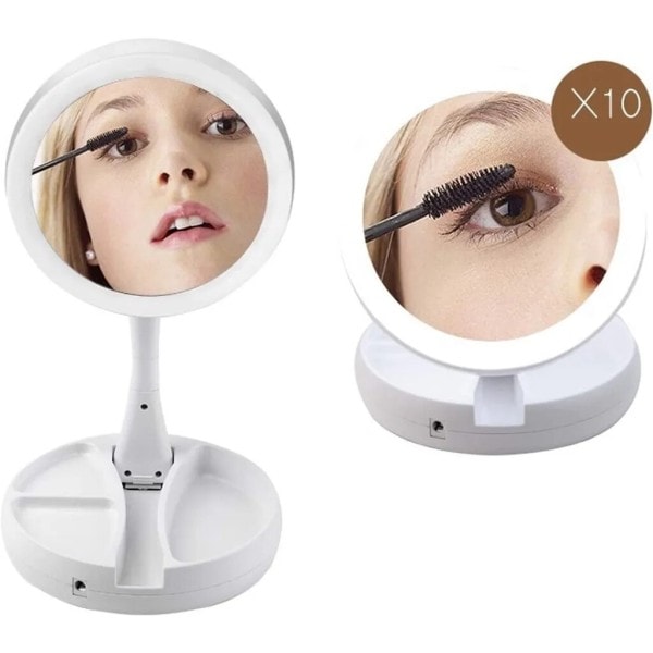 Makeup Mirror Dobbelt Sidet Led Light FH-803 Foldbar Roterer 10x Forstørrelse Organizer