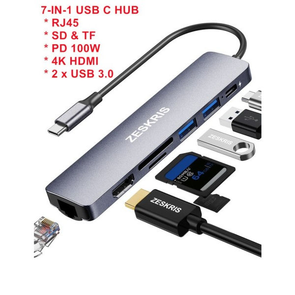 USB C Hub med 2 USB 3.0 SD/TF/Micro SD Card Reader 4K HDMI 100W