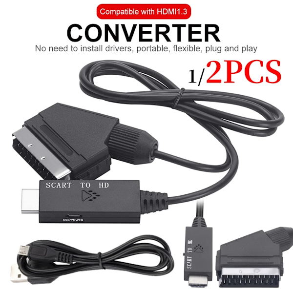 2 stykker Scart Til HDMI 1080P Audio Video Konverter Kabel 1M Adapter