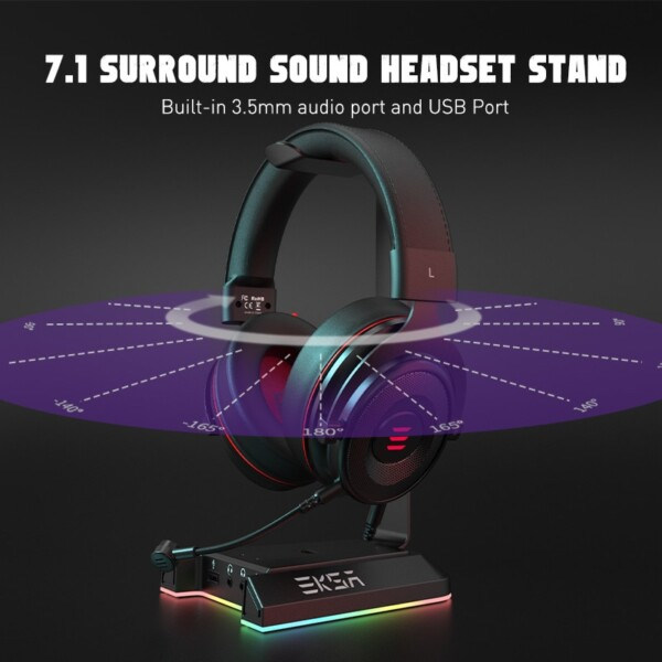 Gaming Headset stand med 7.1 Surround/2 USB og 3.5mm Ports RGB Hovedtelefoner Holder til Gamer