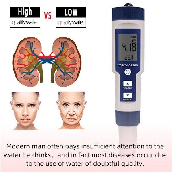 5 IN 1 PH Temperatur TDS EC Salthalt Meter Digital Vattentät Med Automatisk Kalibrering Funktion Vatten Kvalitet PH Tester