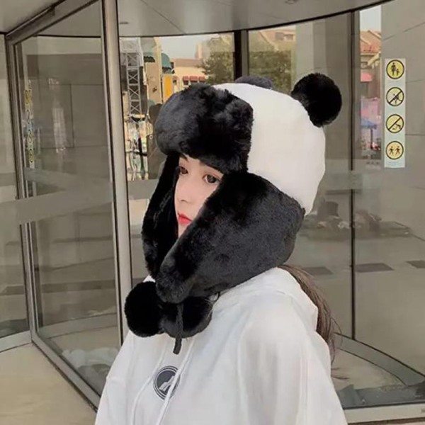Lämmin talvi söpö panda karhu hattu trapper lippikset musta valkoinen hatut pehmoinen eläin kypärä lippis
