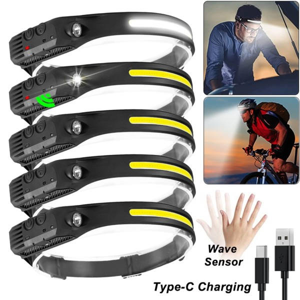 Led Strålkastare Sensor COB LED Skärm Ficklampa USB Uppladdningsbar Huvud Ficklampa