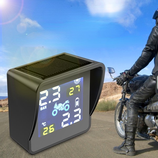 USB Solar laddning LCD Motorcykel TPMS Däck Tryck Däck Temperatur övervakning larm system med 2 sensorer