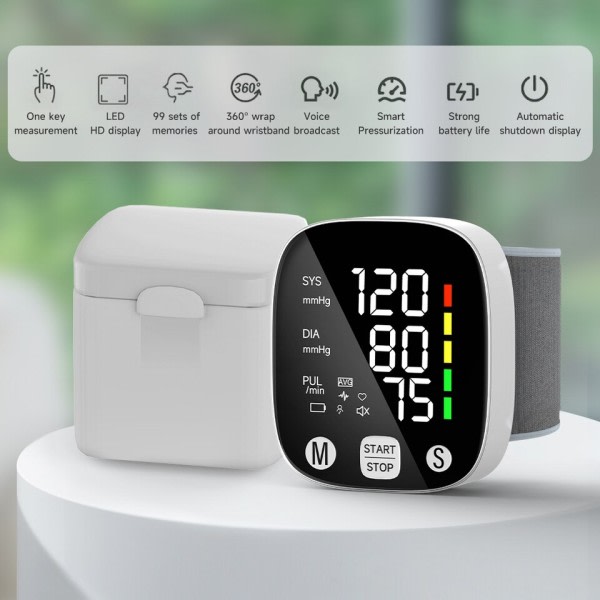 LED Håndledd Blod Trykk Monitor Opladbar Stemme Kringkasting Sfygmomanometer