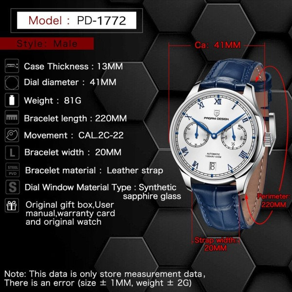 Romertal Pilot Mekaniske ure Safir Glas Energi Opbevaring Automatisk Ur