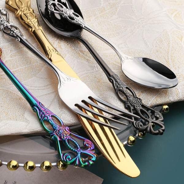 24st Bestick Set Guld Servis Rostfritt Stål Kungligt Sked Gafflar Kniv Kök Western Dinner Silver Servis