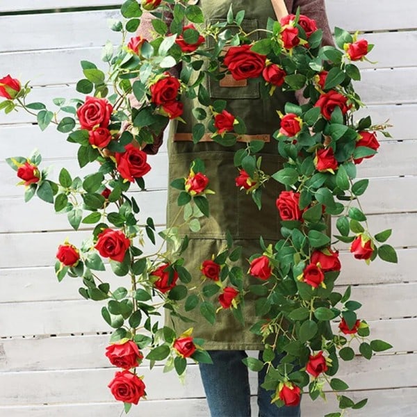 Kunstige blomster rose vintreet hengende planter silke krans grønn plante hjem hage vegg gjerde dekor