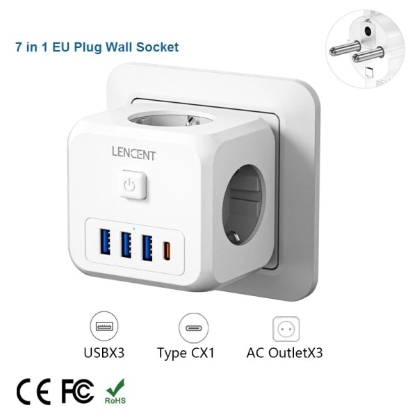 Virtanauha   3 AC pistorasioilla +3 USB lataus portit+ 1 tyyppi C 5V 2.4A  sovitin 7-in-1 pistoke pistoke päällä/Off  kytkin