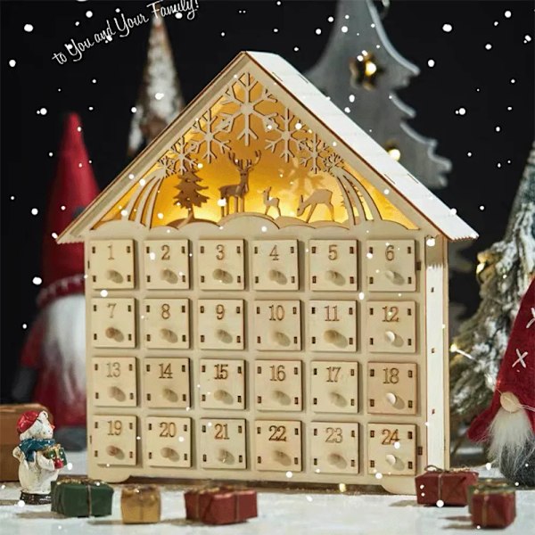 Jul Trä Semester Dekoration LED Ljus 24 Dagar Nedräkning Advent Kalender Ornament