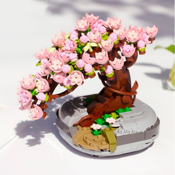 Desktop Bonsai Evig Blomma Rosa Sakura Körsbärsträd Kruka Växt 3D Modell Gör-det-själv Mini block tegelstenar byggnad leksak