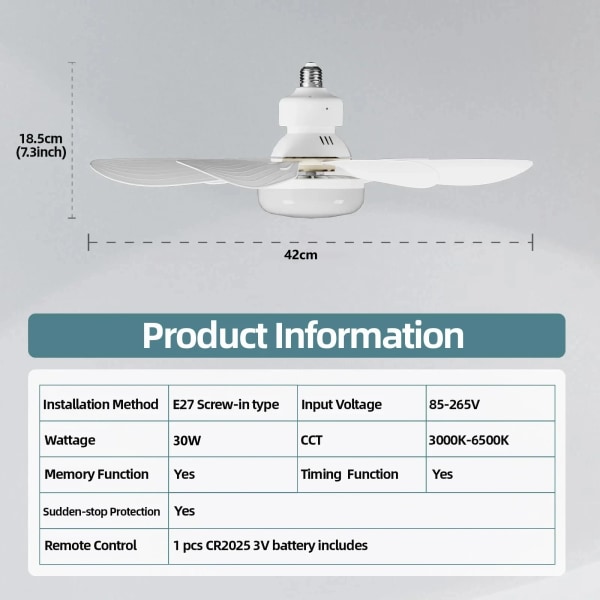 LED 30W tak vifte lys E27 med fjernkontroll for dimming