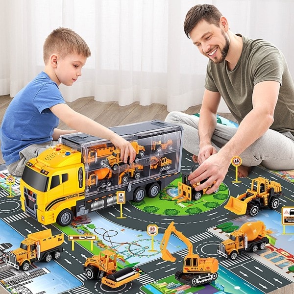 Stor Container Transporter Lekset med Play Mat Mini Engineering Fordon Bil Modell Leksaker