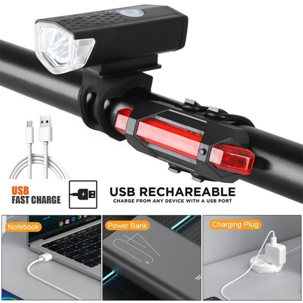 USB uppladdningsbar cykel ljus set fram ljus med bakljus lätt att installera 3 lägen cykel tillbehör