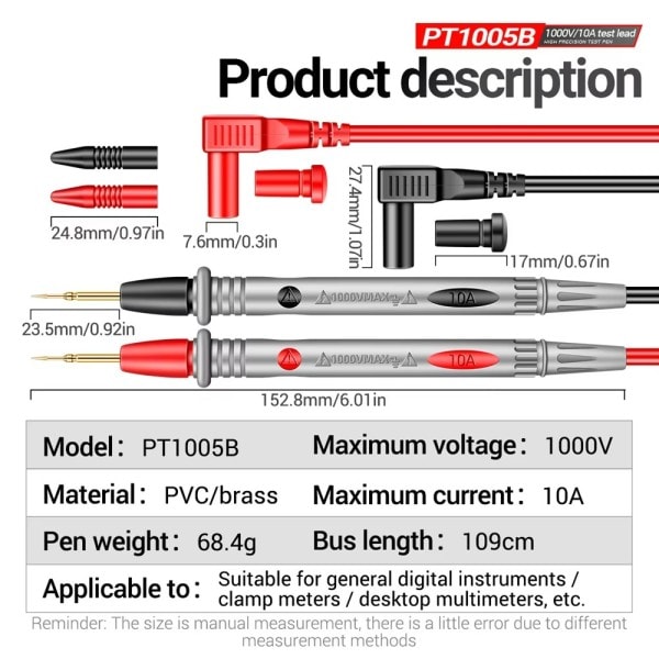 Digital Multimeter Probe Test Leads 1000V 10A Universal Nåle Spiss