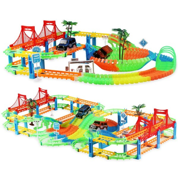 Jernbane Racing Bor Leke Set Educational DIY Bend Flexible Race Track Elektronisk Blits LED Lys Bil Leker