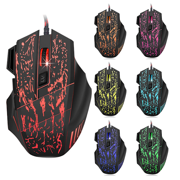 Kabelansluten Spel Mus Streaming Crack Colorful Light USB Port Möss 7 Knapp 3200DPI Justerbar