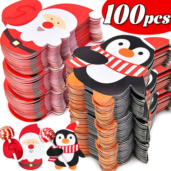 100 bitar Jul Lollipop Papper Kort Tecknad Jultomte Pingvin Snögubbe Barn Godis Gåvor Paket Inslagning