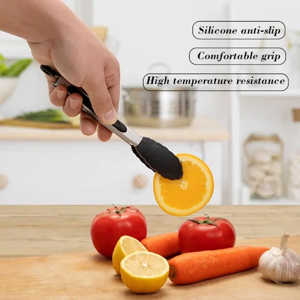 1 stk  Sort Silikon Mat Tang Rustfritt Stål Mat Tang Utendørs BBQ Klemmer For Kjøkken
