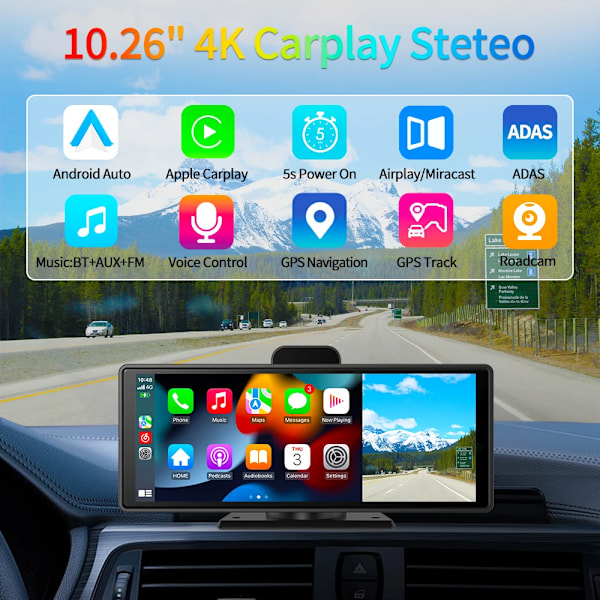 10,26" 4K Dash Cam ADAS Trådløst Carplay & Android Auto Car DVR