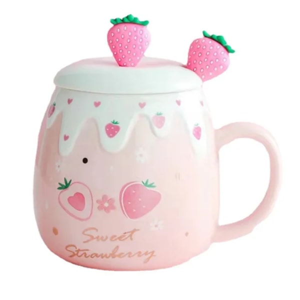 Jordbær krus med lokk keramikk krus kaffe kopper søt frokost porselens krus