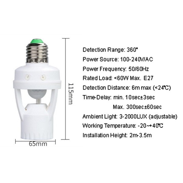 PIR Motion Sensor E27 Socket Konverter Ampul LED E27 Lampe Base Intelligent Switch Lys