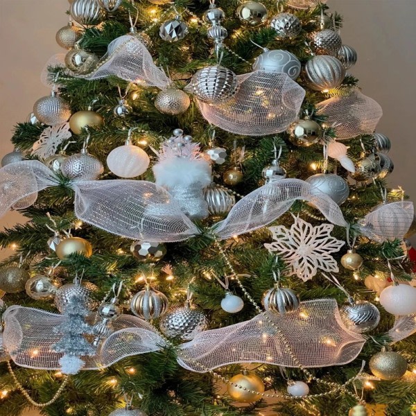Guld Hvid Mesh Bånd Gør-det-selv Jul Træ Glitter Mesh Rulle Dekorationer Bryllup Jule Dekor