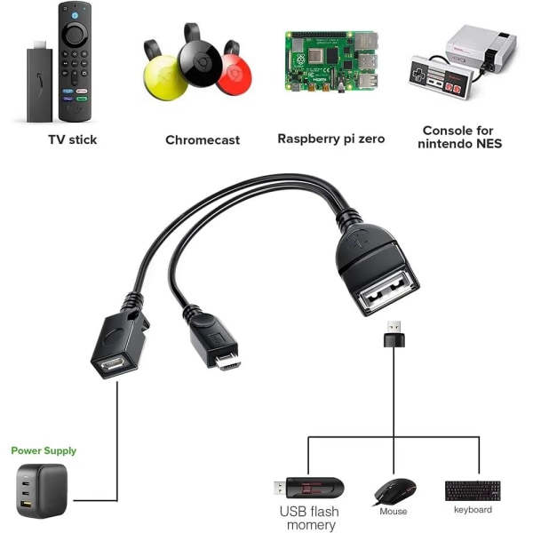 2 in 1 OTG Kabel Erstatning for Brann Stick 4K Kompatibel med Android Telefon Nettbrett Mikro USB Vert med Mikro USB Strøm