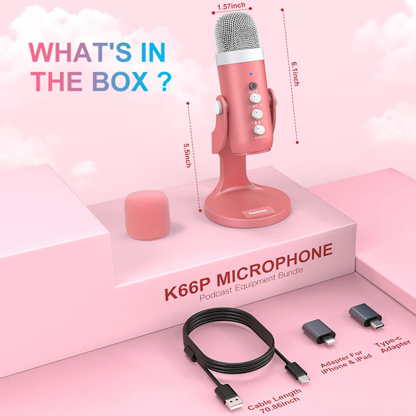 USB Kondensator Mikrofon Rosa Studio Inspelning Mik för PC Mac Dator Telefon Spel Streaming Podcasting