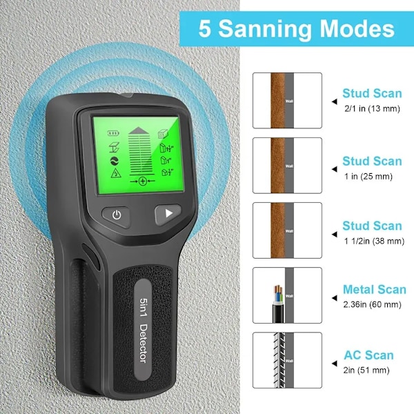 5 in 1 Vägg Stud Detektor LCD Display Multifunktionell Handhållen för Trä AC Tråd Kabel Metall Detektor