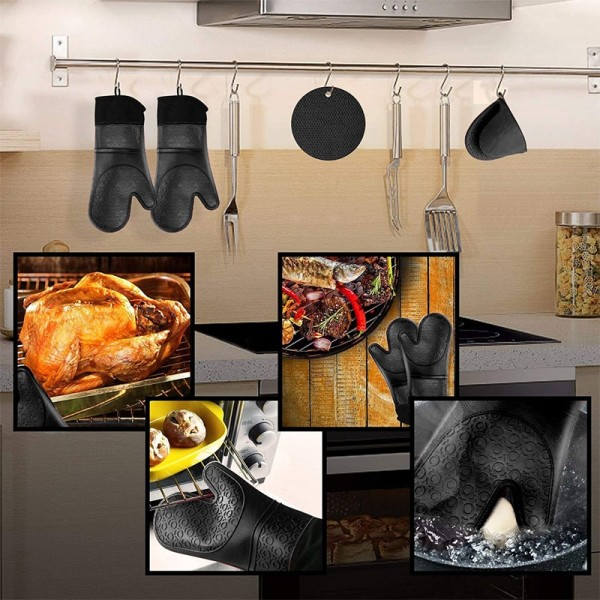 6 stycken Extra Lång Ugnsvantar och Grythållare Set Värmebeständig Silikon Matlagning handskar