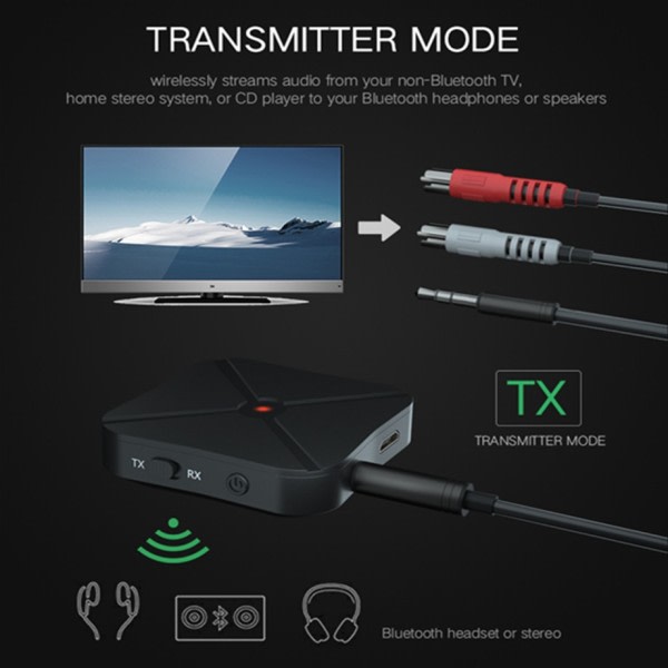 Bluetooth 5.0 4.2 mottaker og sender lyd musikk stereo trådløs adapter RCA 3,5MM AUX jack