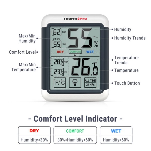 Inomhus Digital Termometer Hygrometer Pekskärm Bakgrundsbelysning Fuktighet Temperatur Sensor