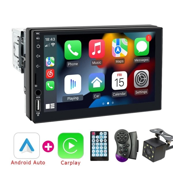 Carplay Android Auto 1 Din 7 Tommer Bil Radio Multimedie Afspiller HD Touch Skærm