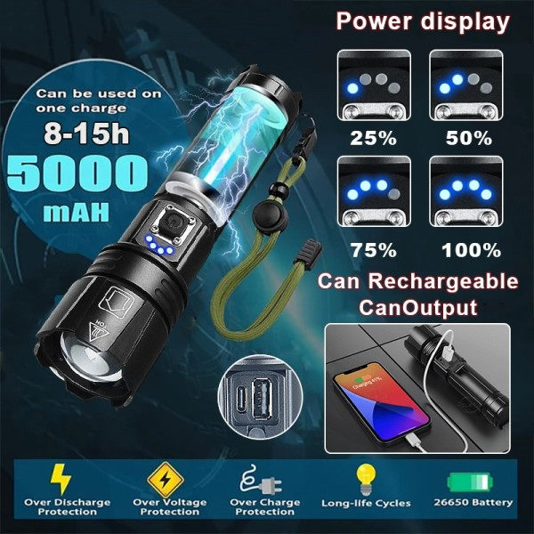 Kraftfull LED Ficklampa USB Uppladdningsbar Ficklampa Ljus Hög Power Ficklampa Taktisk Lantern Lång Shot Hand Lampa