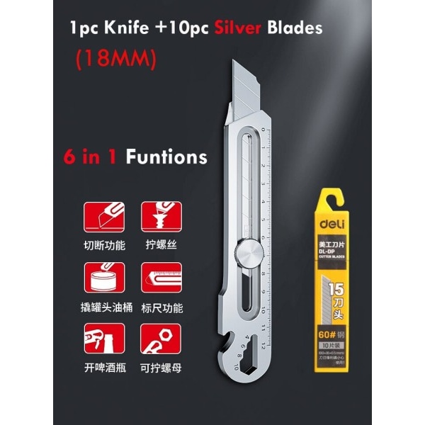Aluminium Legering 6 i 1 Ficka Utility Kniv Multifunktionell Heavy Duty Låda Cutter