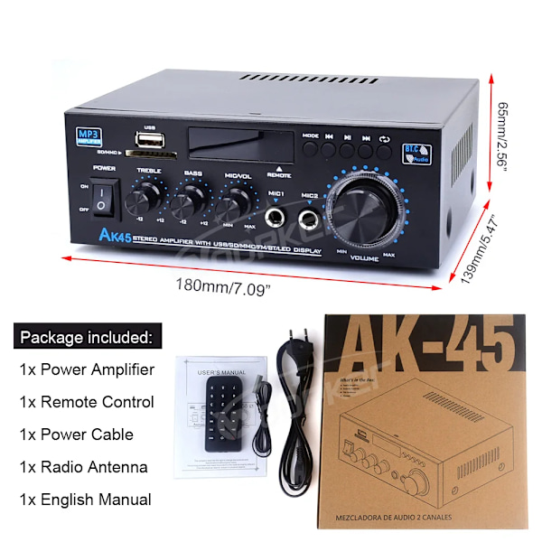 Digital Forsterker Max Power 90Wx2 Channel 2.0 Bluetooth Surround Sound AMP Høyttaler