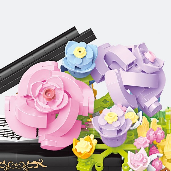 Piano tegelstenar fiol musikal instrument blomma byggklossar mini med ljus hem inredning leksaker för barn