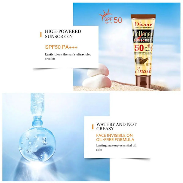 50g Collagen Snigel Solkräm Crème Protector Ansiktsbehandling Solar Sol Block Spf 50 Gel Isolation Lotion