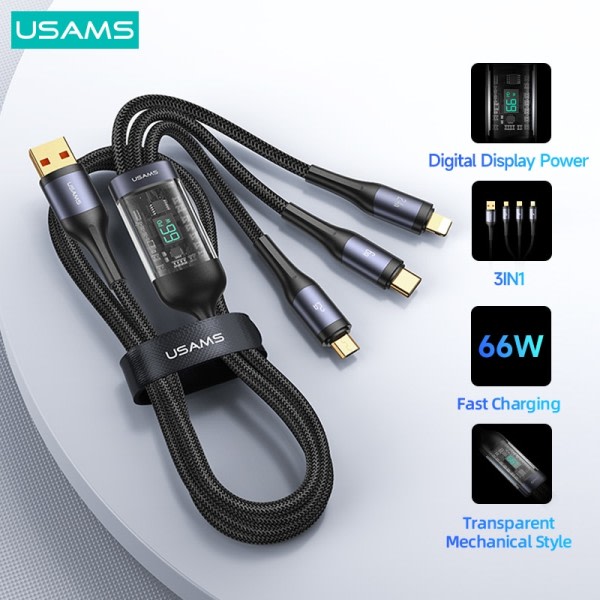USAMS U83 66W 3 In 1 Digital Display Kabel PD QC Snabb Ladda USB Typ C Kabel För iPhone 14 13 12 Pro Max Huawei  Xiaomi Samsung