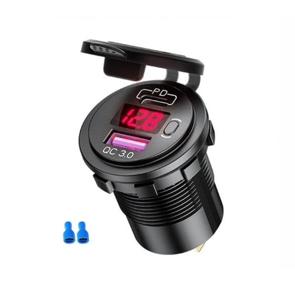 48W USB Type C Bil Usb Oplader Socket,12V/24V Dual USB Outlet PD3.0&QC3.0 Bil Socket med LED Voltmeter