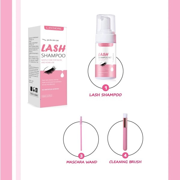 100ml Vippeforlengelse Shampo Sminke Rask Fjerning Skummende Dyp rensende vippe lim kit med 2 børster