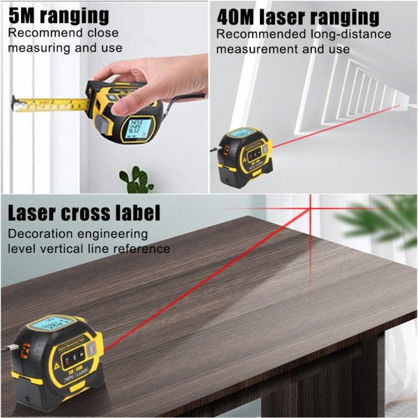 3 in 1 Laser Rangefinder 5M Tape Measure Lineal LCD Display med Baggrundsbelysning Afstand Meter Bygning Målingsenhed