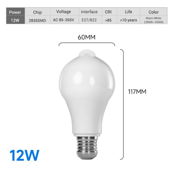 12W PIR Motion Sensor Lys Pære Ampul LED E27 IP42 Udendørs Belysning Væg Lampe