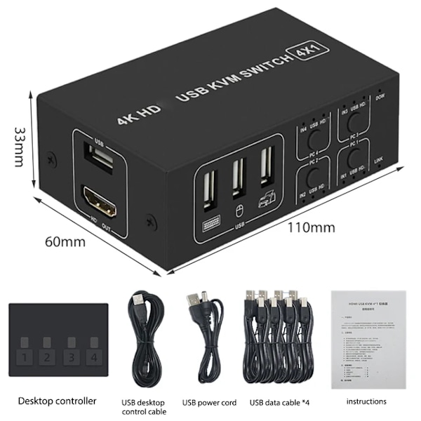 4 Port HDMI KVM Switch 4 in 1 out 4K 60Hz HDMI USB Switch Selector