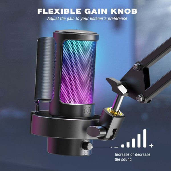 USB mikrofon för inspelning och strömning på PC och Mac,Headphone utgång och Touch-mute knapp,Mic med 3 RGB lägen